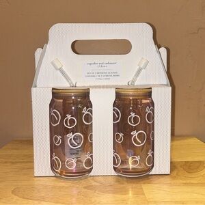 NEW Cupcakes & Cashmere Set of 2 Iridescent Pink Glass Tumblers With Lid & Straw